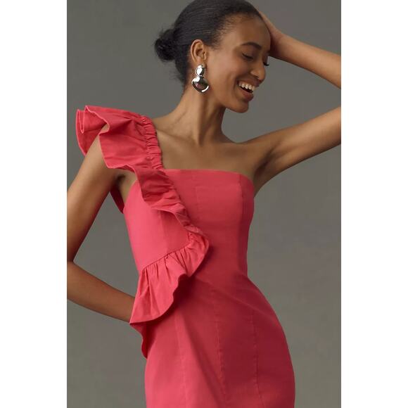 NWT By Anthropologie One-Shoulder Ruffle Linen Column Midi Dress $168 LARGE Pink - Picture 2 of 3